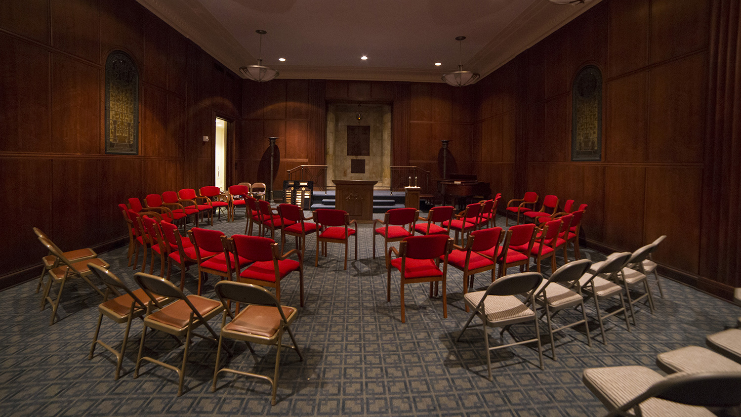 Levy Chapel with chairs arranged in a circular seating layout, creating an intimate setting for worship services, ceremonies, and gatherings.