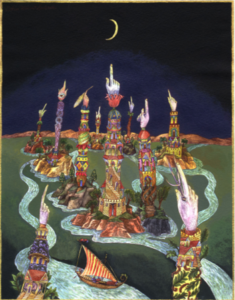 Fantasy landscape with colorful towers topped by pointing hands, winding waterways, a crescent moon, and a small sailboat.